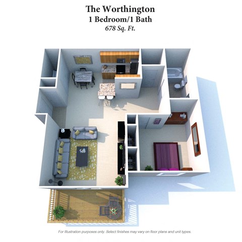 Floor plan for 1 bed, 1 bath, 678 sqft